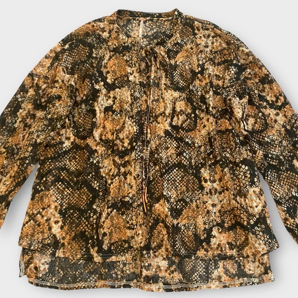 Free People Women’s Out For The Night Blouse Medium Snakeskin Semi Sheer Boho